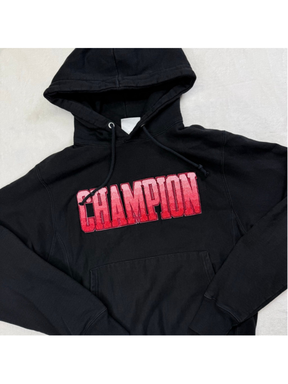 Men's Champion Reverse Weave Hoodie‎ Black Red Small Raised Logo